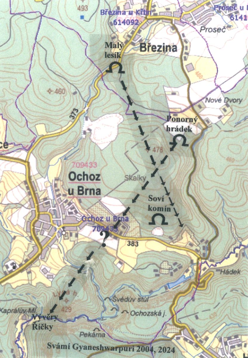 Schéma podzemního odvodňování plošiny Skalka v jižní části Moravského krasu, dle intuitivního poznání Marka P. Šenkyříka - Svámího Gyaneshwarpuri 2004, 2024