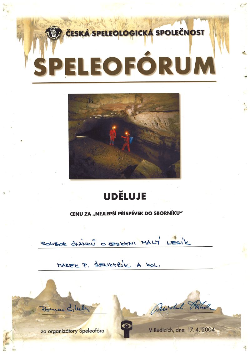 Ocenění Marku P. Šenkyříkovi od redakce Speleofóra za článek o jeskyni Malý lesík.